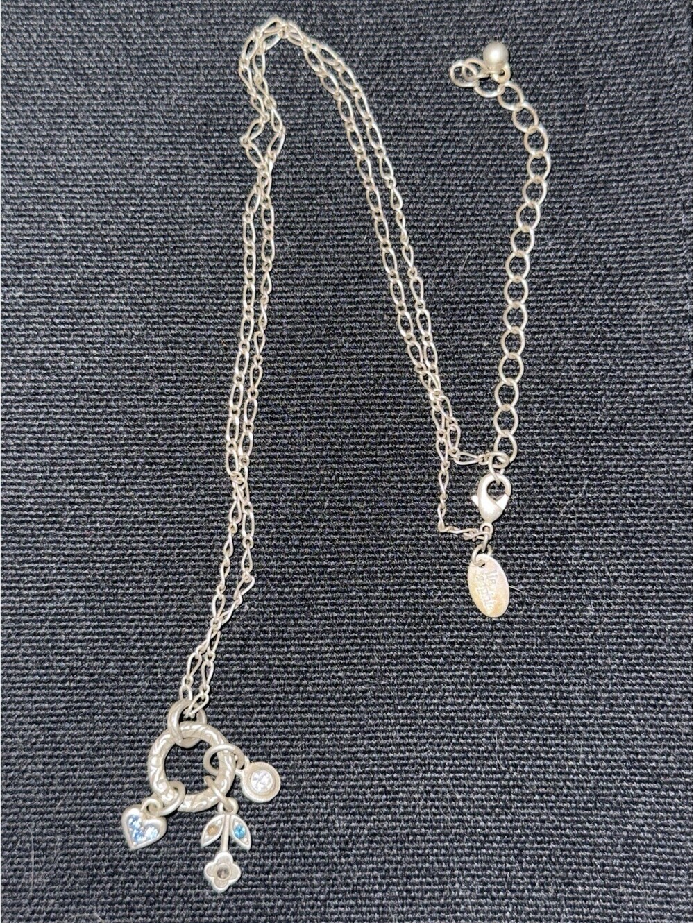 Lia Sophia Silver Tone Double Chain Charm Pendant Necklace Blue Rhinestone